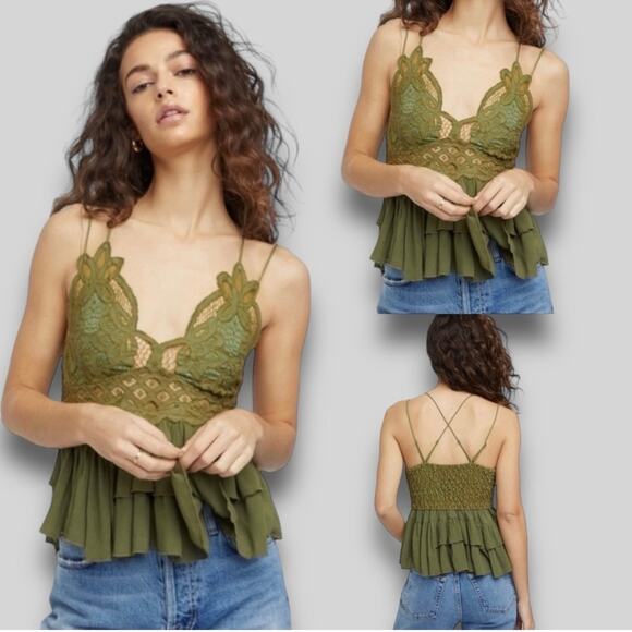 Free People Tops - FREE PEOPLE NWT FLIRTY BOHO CROCHET LACE DETAILS ADELLA CAMI GREEN SMALL